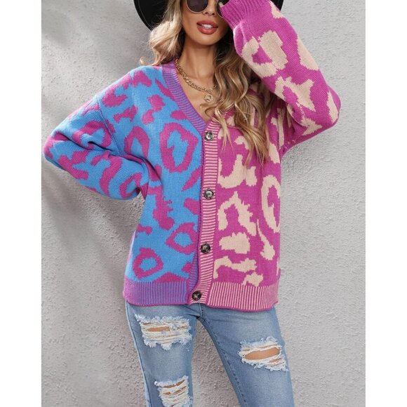 Women's Leopard Print Button Down Long Sleeve Cardigan Acrylic Large - Picture 2 of 7